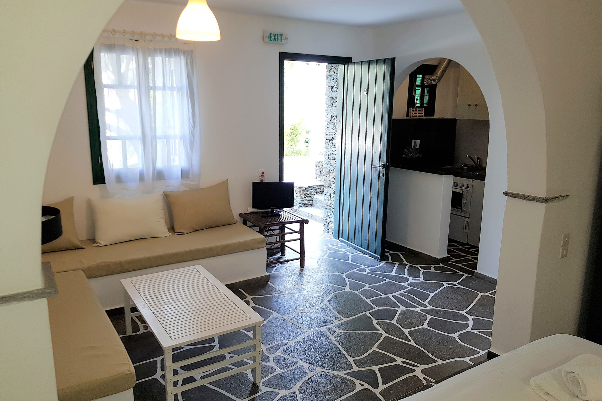 The interior of the family studio at Andromeda Sifnos